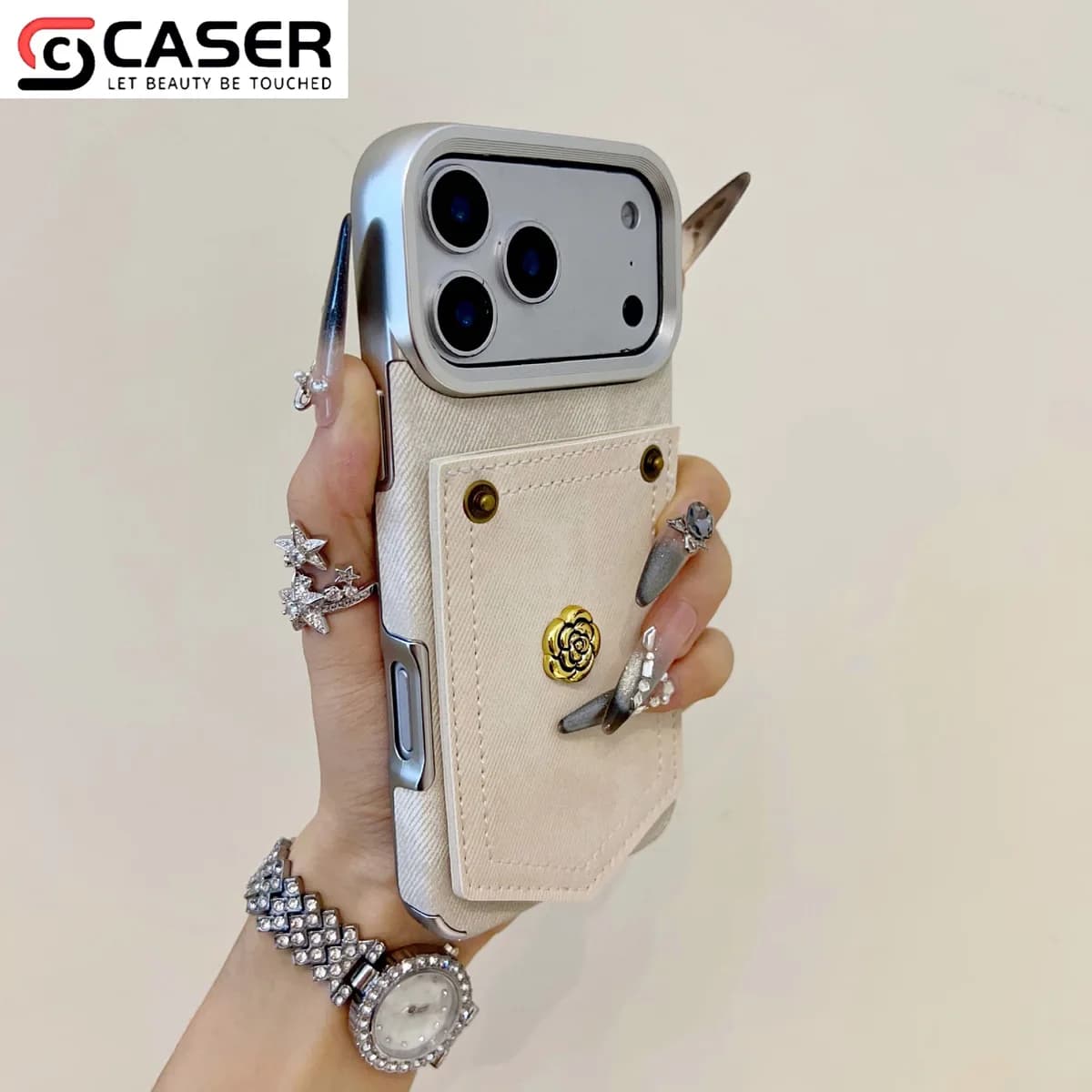 Retro Style Camellia Decoration Denim Pattern Pure Color Electroplated Frame Shockproof Case