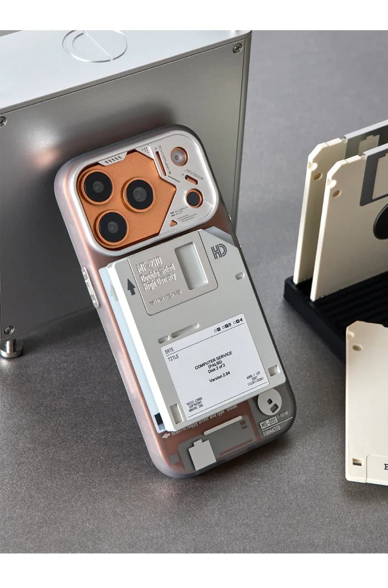 WAKCAS Retro Geek Floppy Disk MagSafe iPhone Case | Silver Metal Lens Guard with Circuit Details