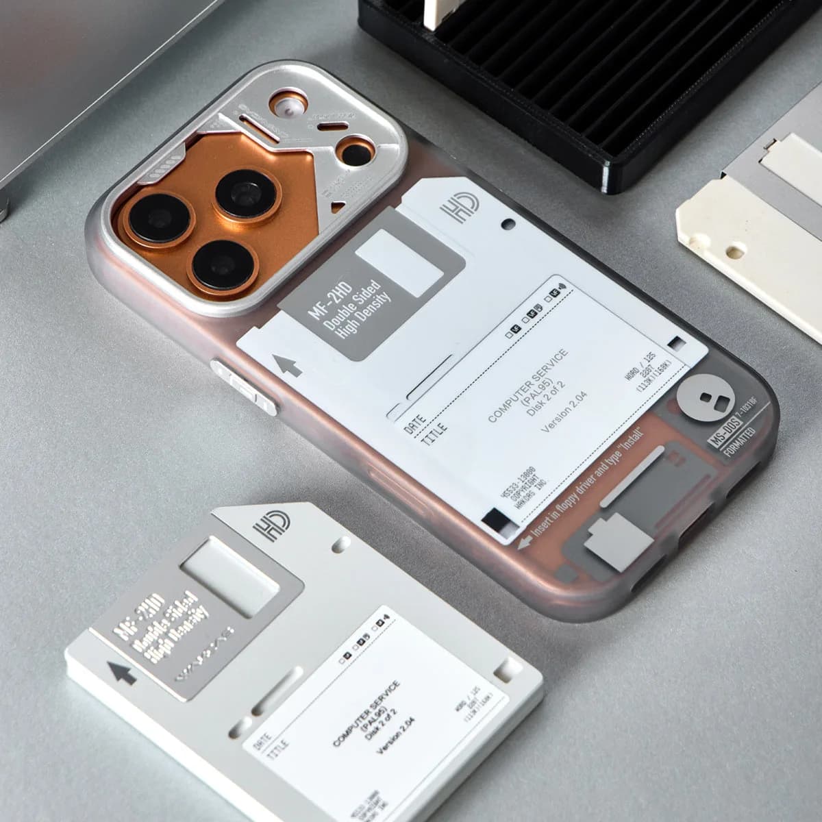 WAKCAS Retro Geek Floppy Disk MagSafe iPhone Case | Silver Metal Lens Guard with Circuit Details