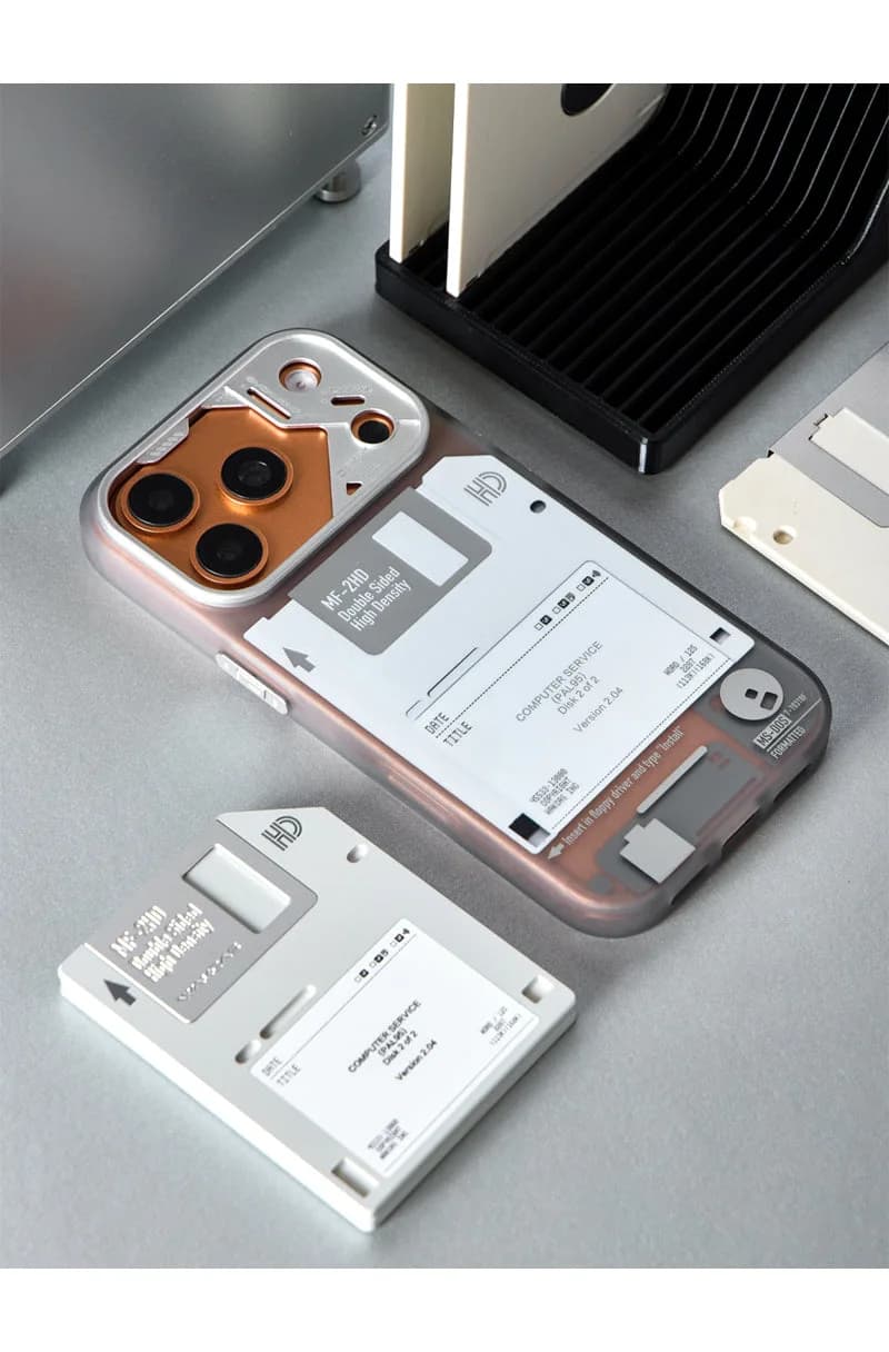 WAKCAS Retro Geek Floppy Disk MagSafe iPhone Case | Silver Metal Lens Guard with Circuit Details