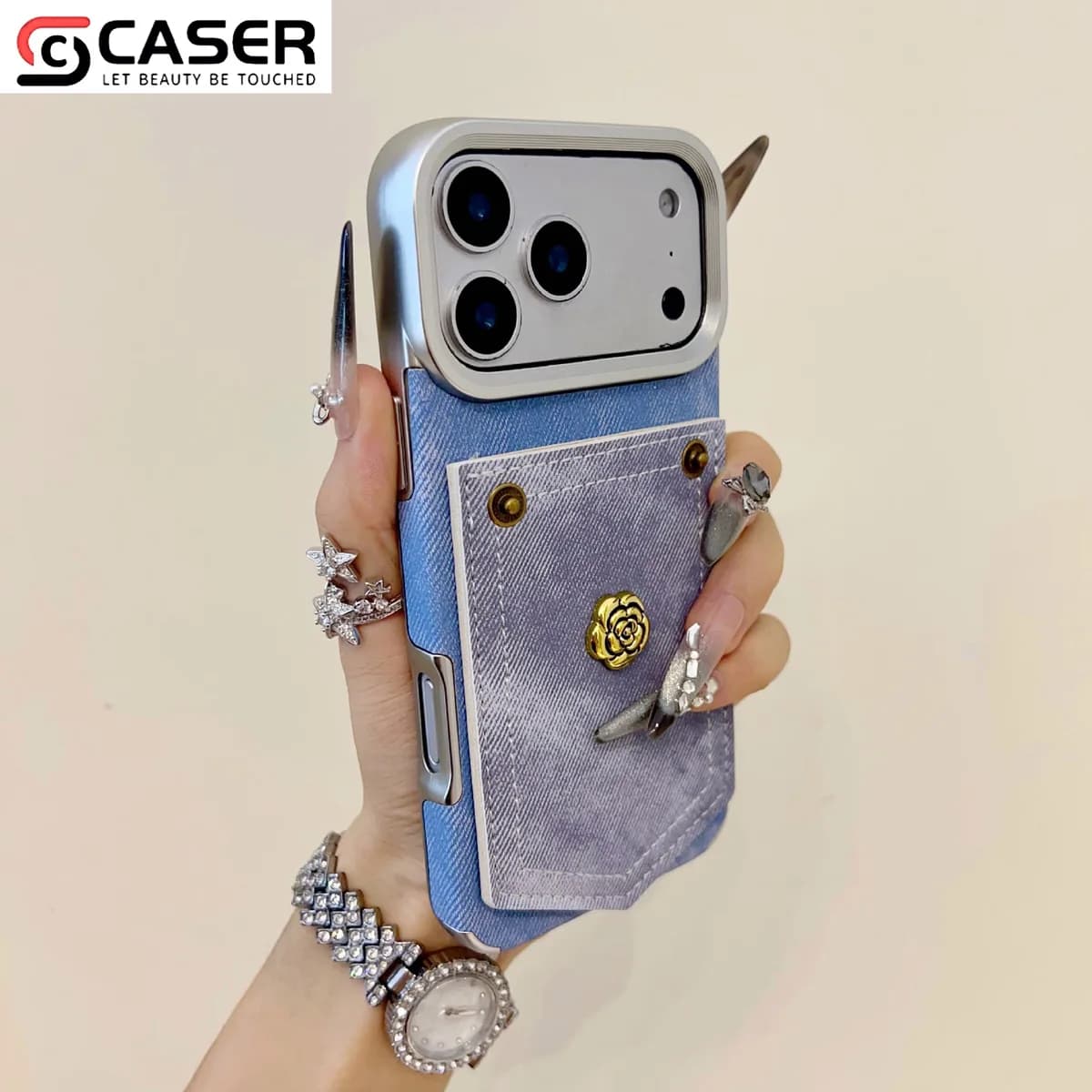Retro Style Camellia Decoration Denim Pattern Pure Color Electroplated Frame Shockproof Case