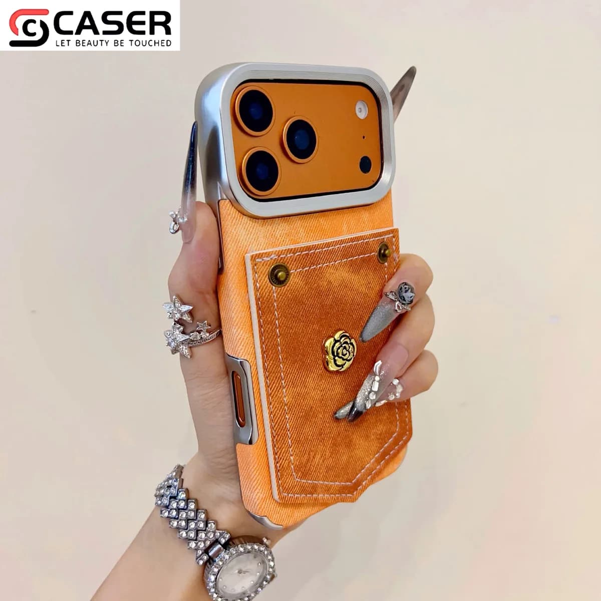 Retro Style Camellia Decoration Denim Pattern Pure Color Electroplated Frame Shockproof Case