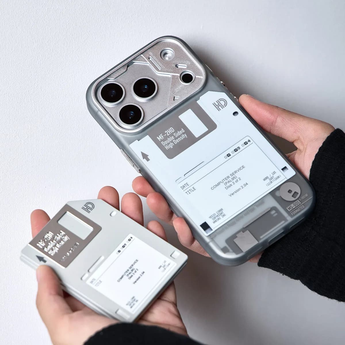 WAKCAS Retro Geek Floppy Disk MagSafe iPhone Case | Silver Metal Lens Guard with Circuit Details