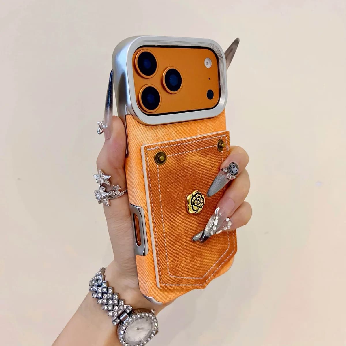 Retro Style Camellia Decoration Denim Pattern Pure Color Electroplated Frame Shockproof Case