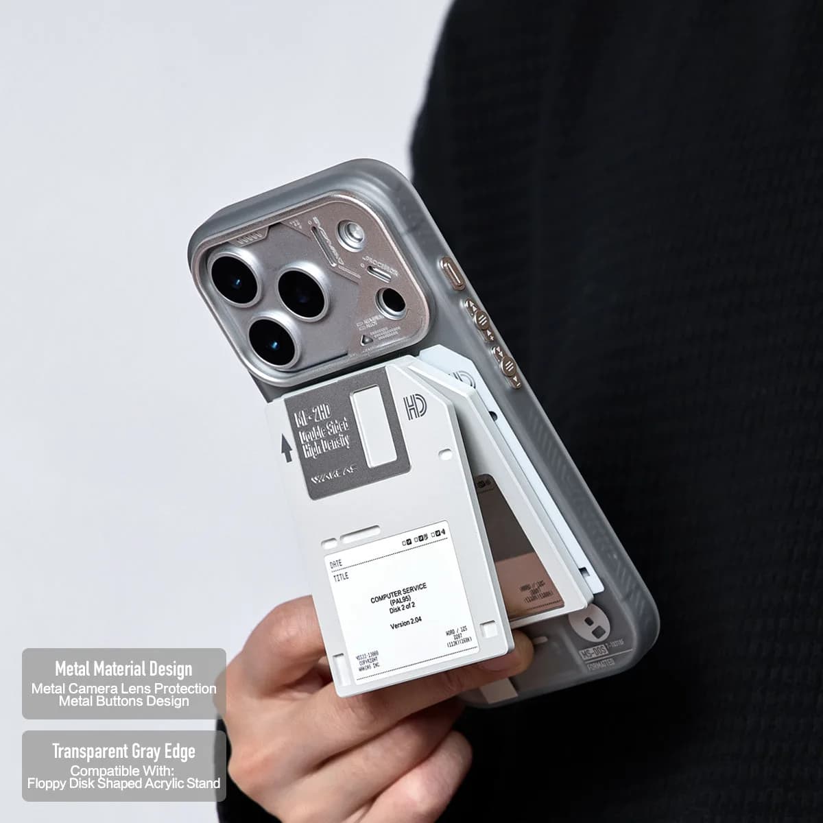 WAKCAS Retro Geek Floppy Disk MagSafe iPhone Case | Silver Metal Lens Guard with Circuit Details