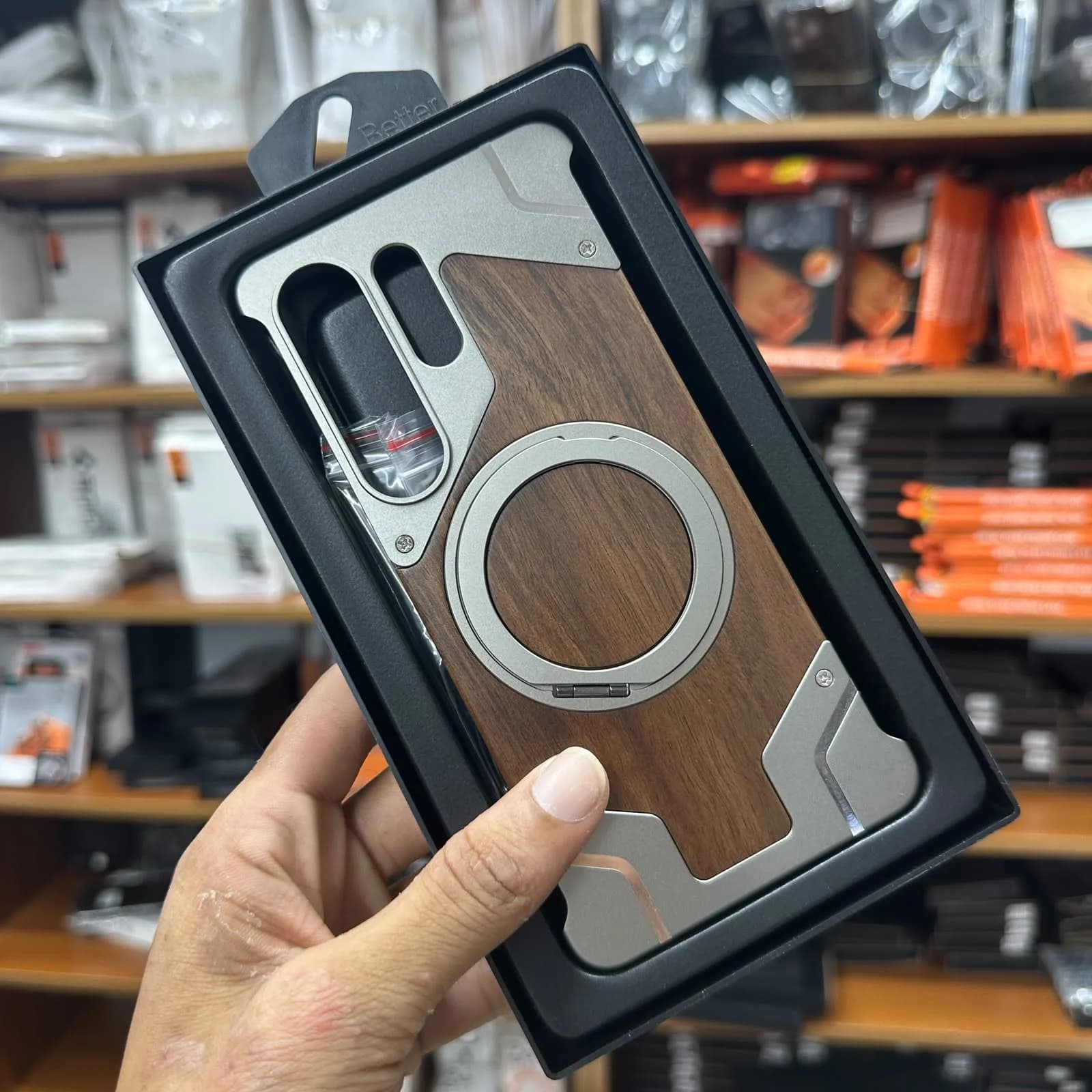 For Samsung Galaxy and iphone 17 pro 17 pro max 18 pro 18 pro max S26 S24 S25S23 ultra Phone Case Walnut Wood Luxurious Metal Magsafe Wireless Charging with Ring Holder