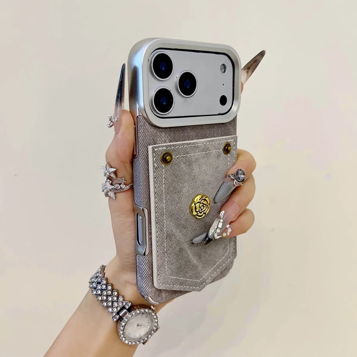 Retro Style Camellia Decoration Denim Pattern Pure Color Electroplated Frame Shockproof Case