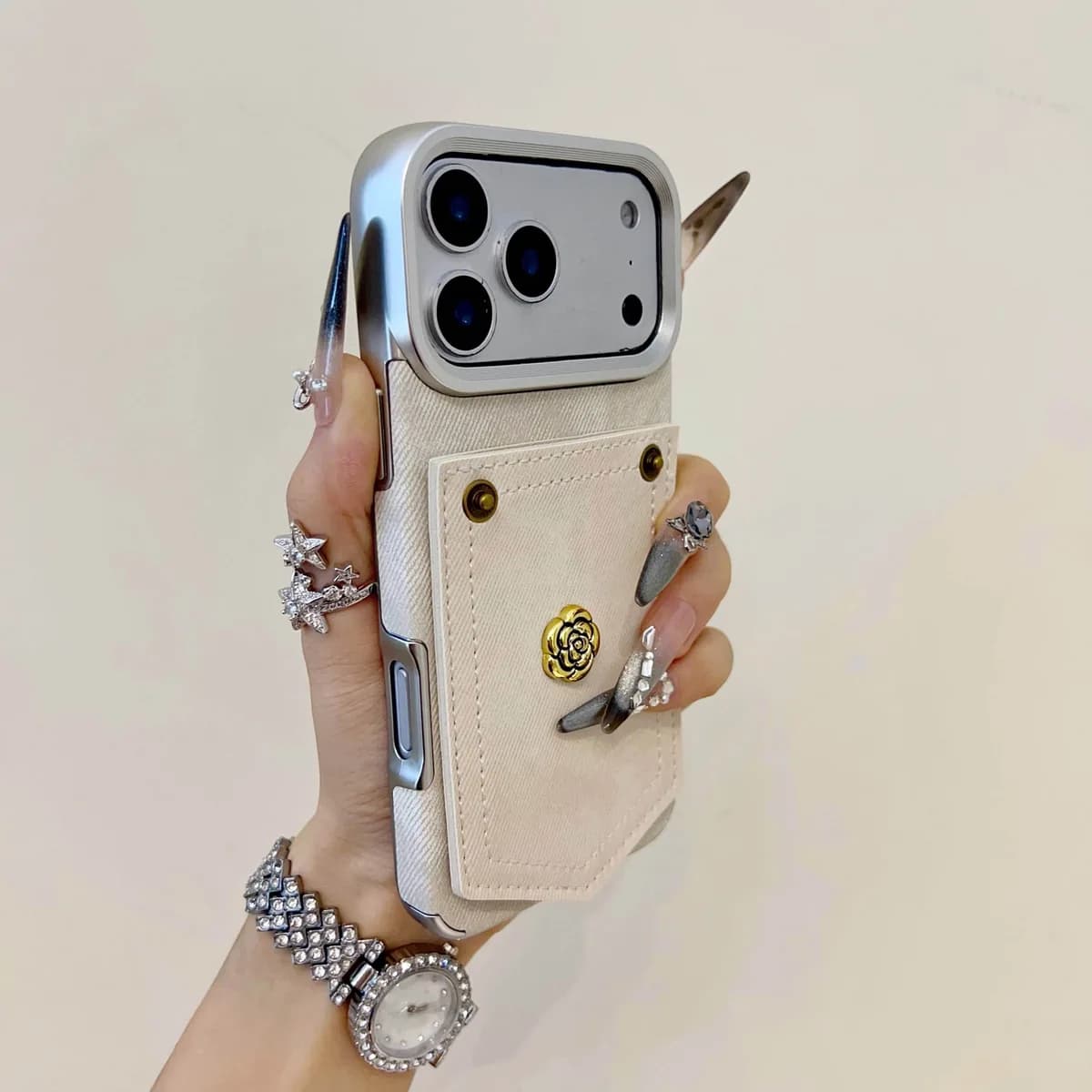 Retro Style Camellia Decoration Denim Pattern Pure Color Electroplated Frame Shockproof Case