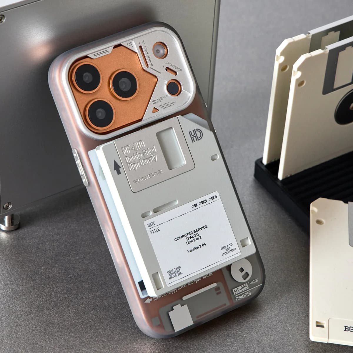 WAKCAS Retro Geek Floppy Disk MagSafe iPhone Case | Silver Metal Lens Guard with Circuit Details