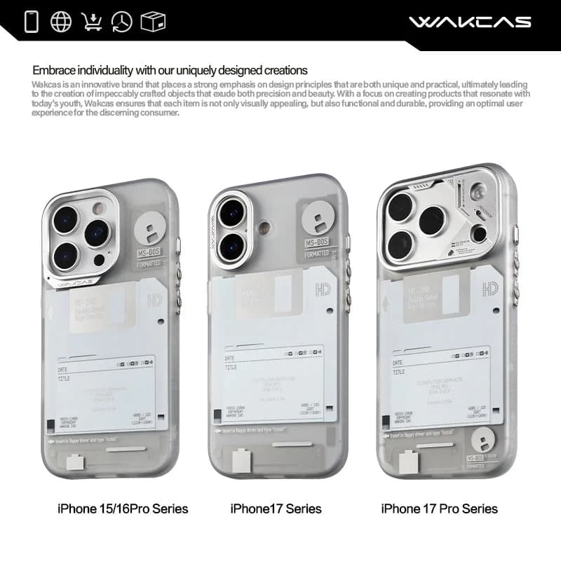 WAKCAS Retro Geek Floppy Disk MagSafe iPhone Case | Silver Metal Lens Guard with Circuit Details