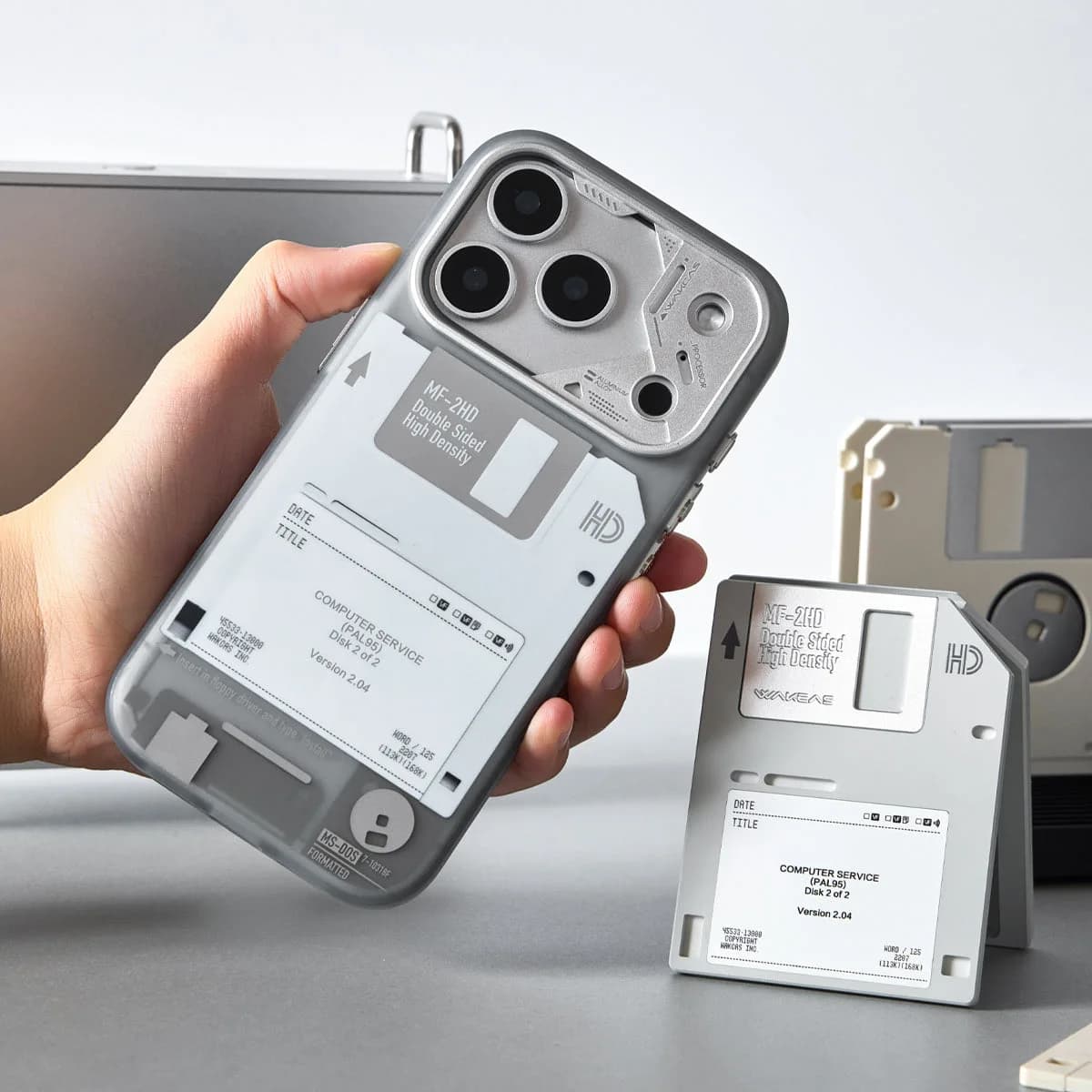 WAKCAS Retro Geek Floppy Disk MagSafe iPhone Case | Silver Metal Lens Guard with Circuit Details