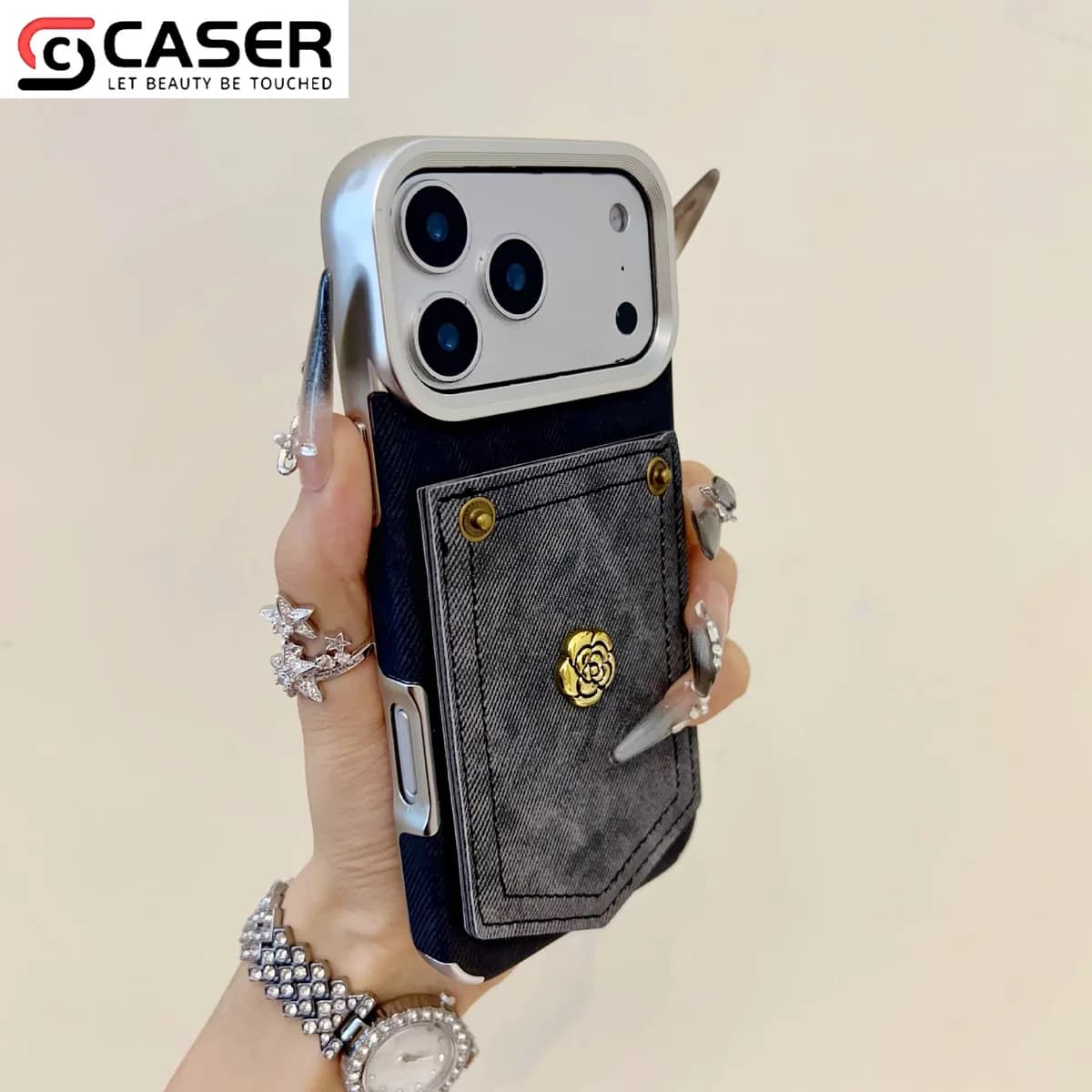 Retro Style Camellia Decoration Denim Pattern Pure Color Electroplated Frame Shockproof Case