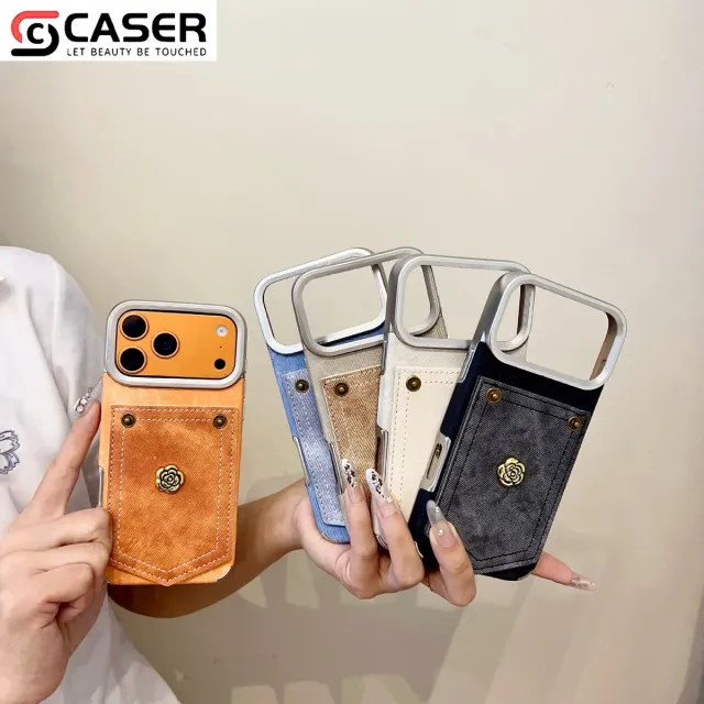Retro Style Camellia Decoration Denim Pattern Pure Color Electroplated Frame Shockproof Case — product photo