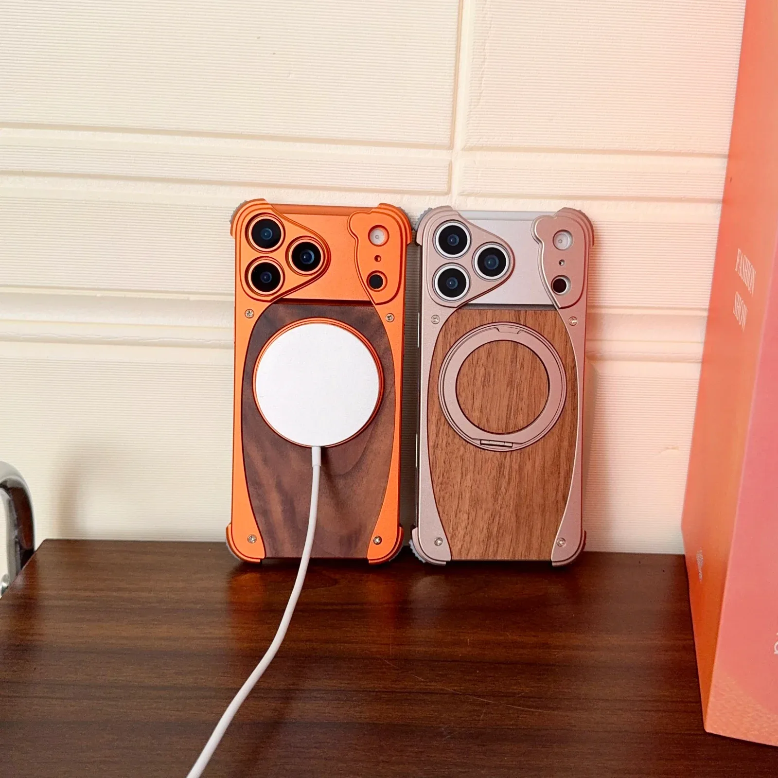 Walnut Grain Metal Frame Stand Case — source product photo