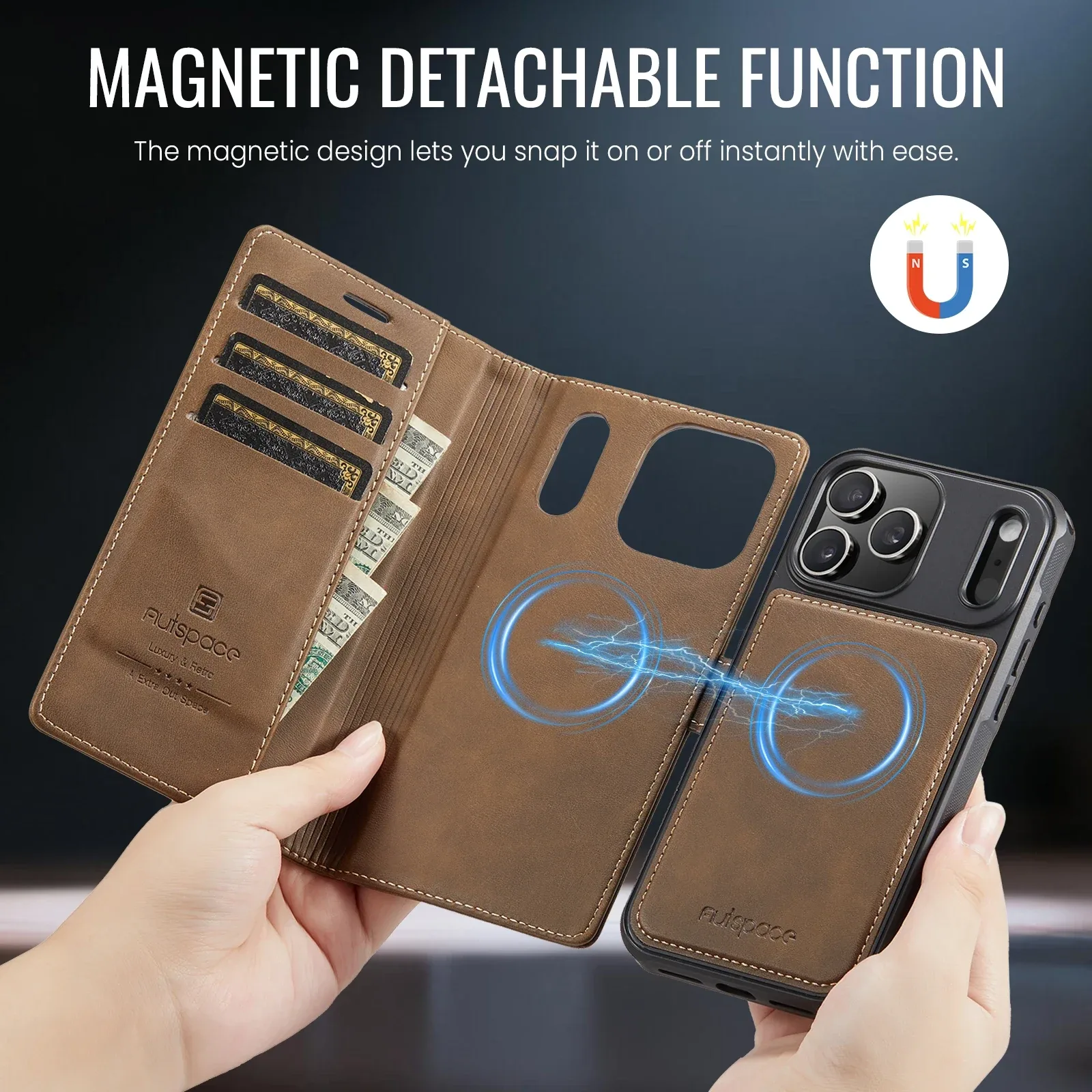 Detachable Magnetic Wallet Case close-up