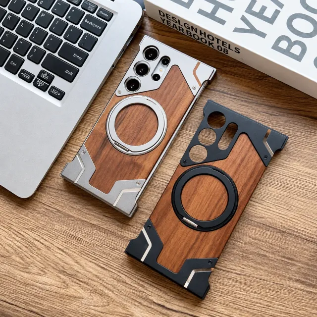 Borderless Phone Cover Wood Grain Aluminum Alloy Holder Magnetic Phone Case — AI-enhanced product photo