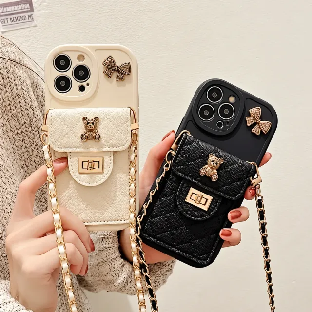 3D Bow Cartoon Bear Premium Mobile Cover PU Leather Soft With Lanyard Bag Phone Case — AI-enhanced product photo