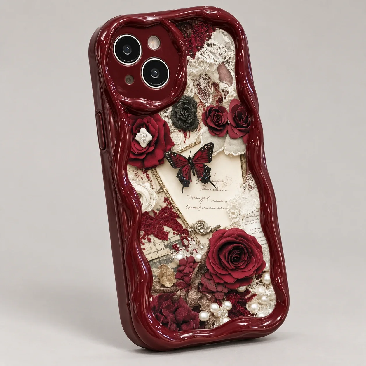 Burgundy Rose & Butterfly Case close-up